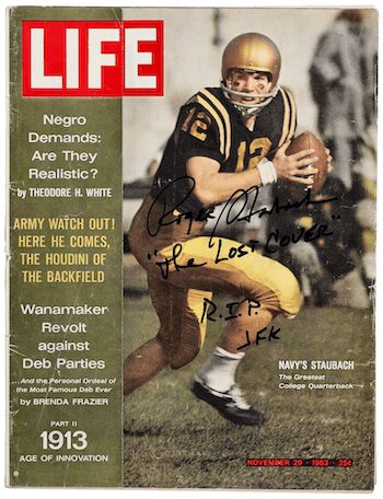 The Staubach cover for sale at Goldin features an autograph and inscriptions of "The lost cover" and "RIP JFK." (Credit: Goldin)  