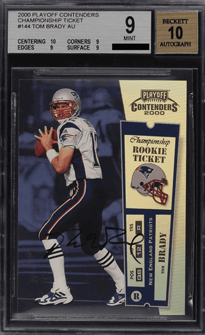 Tom Brady's 2000 Playoff Contenders is his most sought-after card. (Credit: Card Ladder)