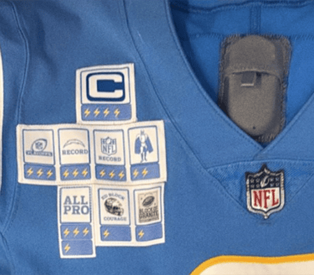 Various team and NFL awards are featured on James' practice jersey. (Credit: Los Angeles Chargers)