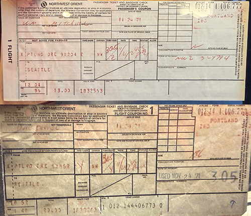 Bill Mitchell's ticket, top, and Dan Cooper's ticket for Northwest Orient Flight 305. (cllct photo by Darren Rovell)