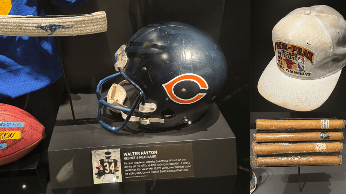 The details matter at the Hall of Excellence — such as Walter Payton's Roos headband or Michael Jordan's threepeat hat and cigars. (cllct photo by Darren Rovell)