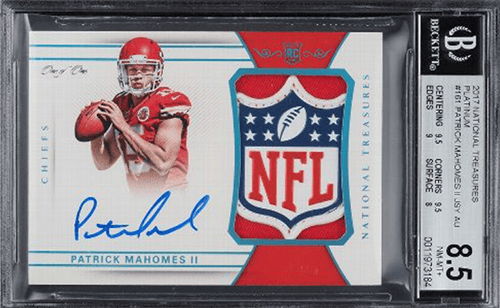 Patrick Mahomes' 2017 National Treasures Rookie Shield 1/1 is the most expensive football card ever. (Credit: Card Ladder)