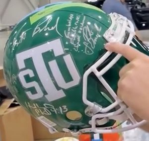 The "Unnecessary Roughness" helmet was awaiting Jim Kelly's signature. (cllct photo by Darren Rovell)